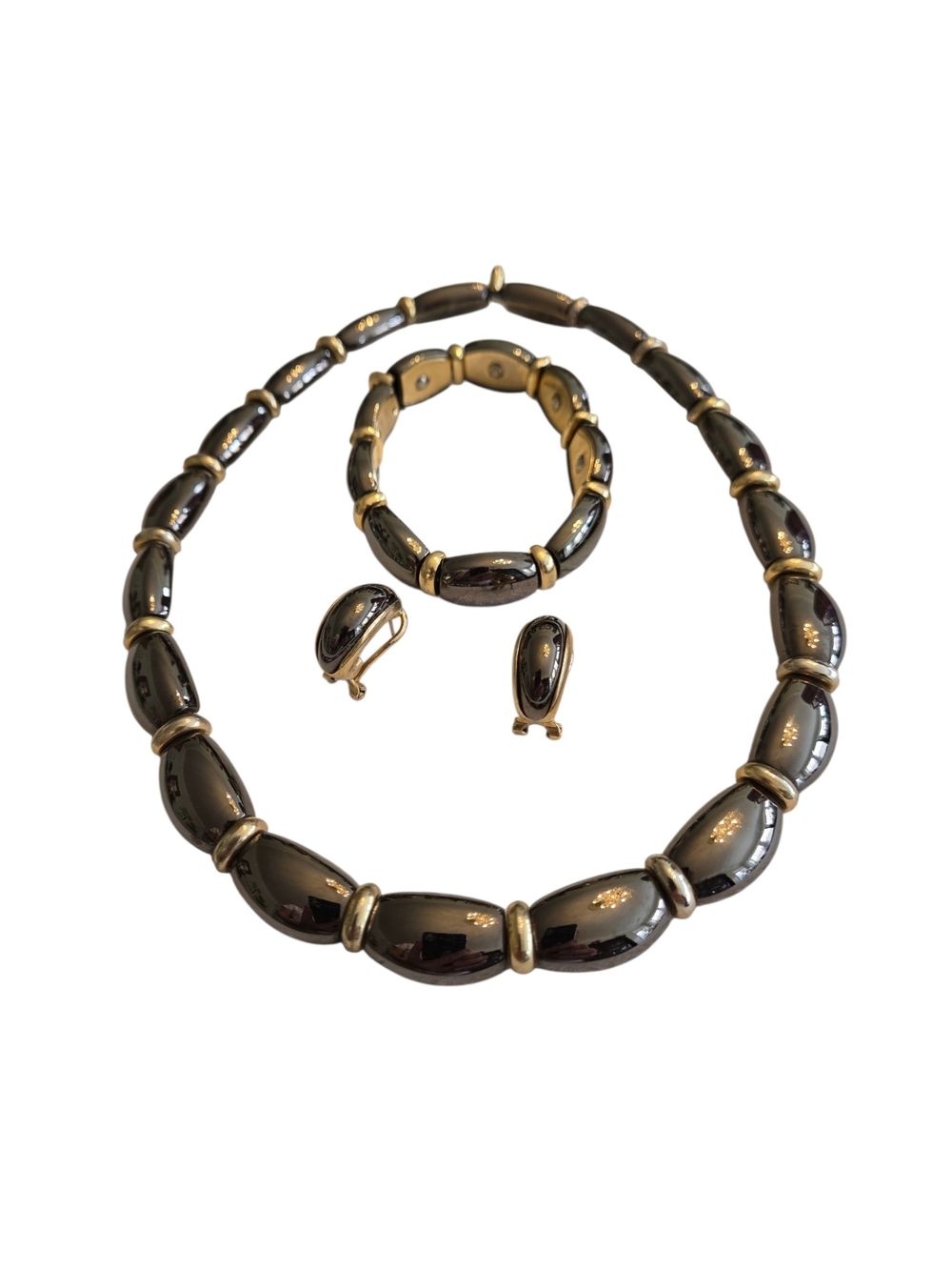 Gold and Hematite Bead Necklace, Bracelet & Earrings Set